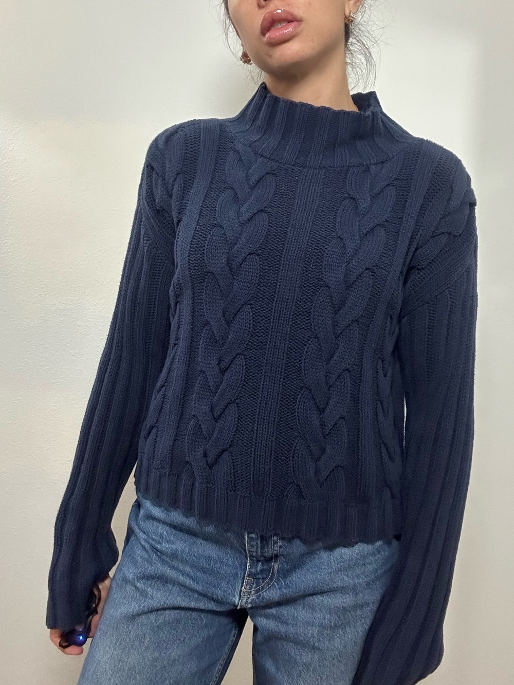 Vintage 90’s Moda Intl Classic Navy Cotton Cable-Knit Mock Neck Sweater Size S